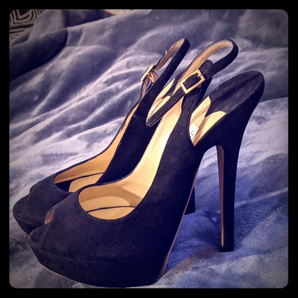 Jimmy Choo black suede peep toe sling back